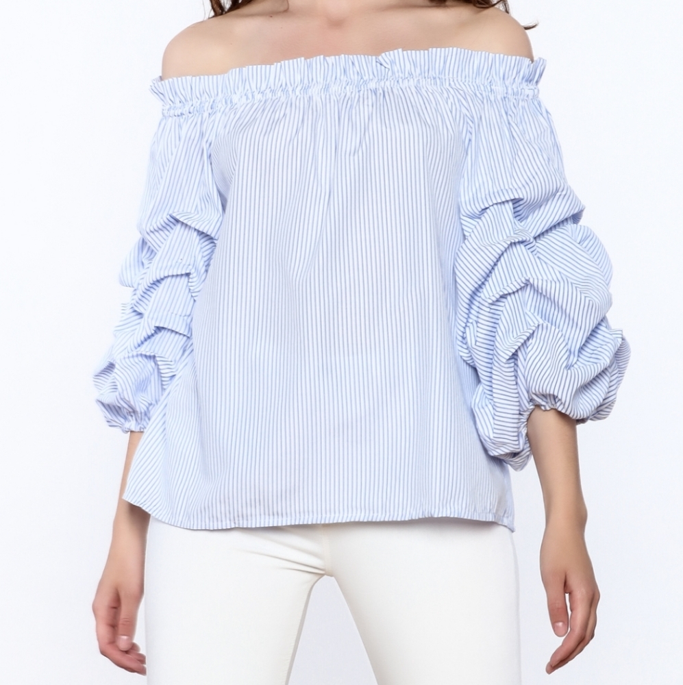 Princess Goes Hollywood Striped Balloon Sleeve Blouse Blue White M